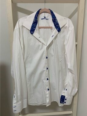 Bertigo White Dress Shirt with Blue Contrast Trim